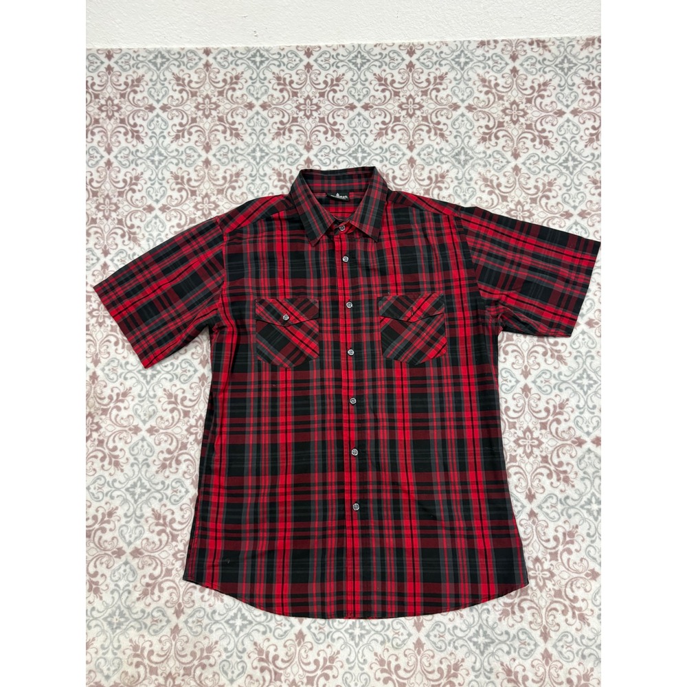 Monument Mens Red Black Plaid Short Sleeve Button Up Shirt Two Pocket Size L